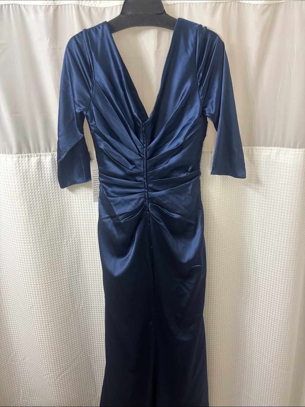 La Femme Midnight Blue Satin V-Neck Ruched Gown